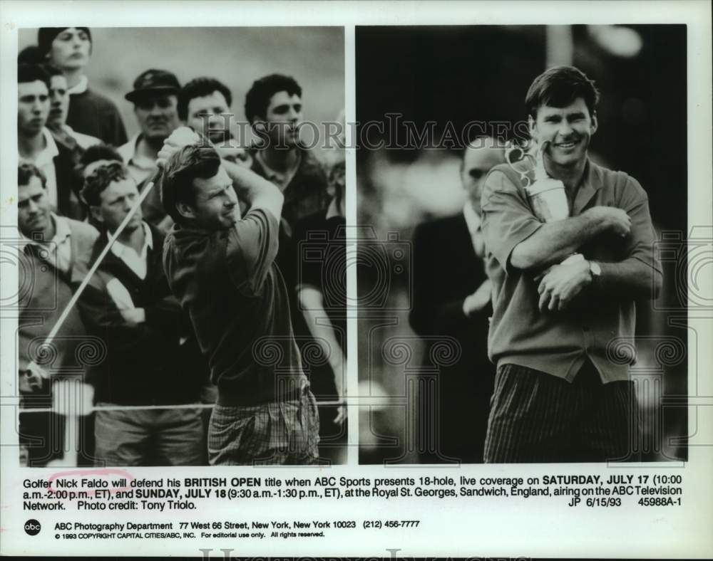 1993 Press Photo British Open defending champion Nick Faldo tees off, holds cup.- Historic Images