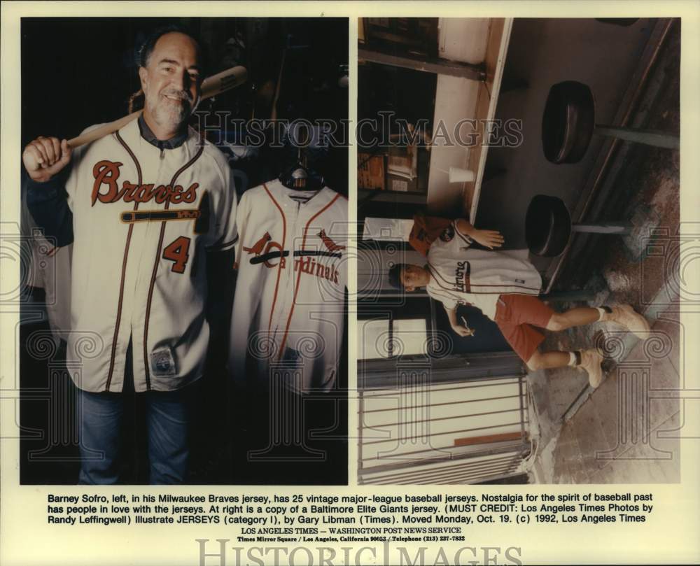 1992 Press Photo Barney Sofro in Milwaukee Braves jersey; Baltimore Elite Giants- Historic Images