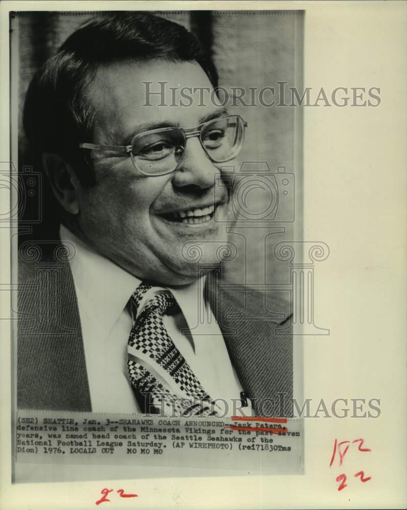 1976 Press Photo Jack Patera named head coach of Seattle Seahawks in Seattle.- Historic Images