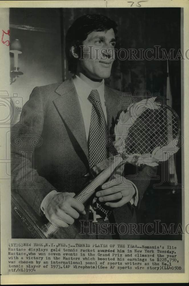 1974 Press Photo Ilie Nastase wins gold racket as Number 1 tennis player of year- Historic Images