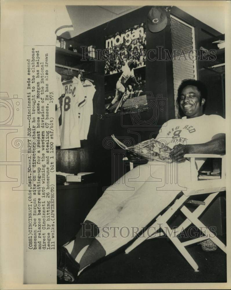 1973 Press Photo Cincinnati&#39;s Joe Morgan sits on directors chair in clubhouse- Historic Images