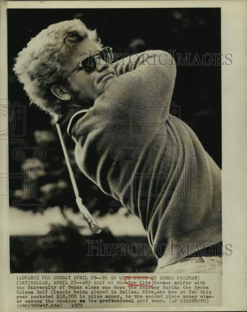 1973 Press Photo Golfer Tom Kite slams one down fairway at Byron Nelson Classic- Historic Images