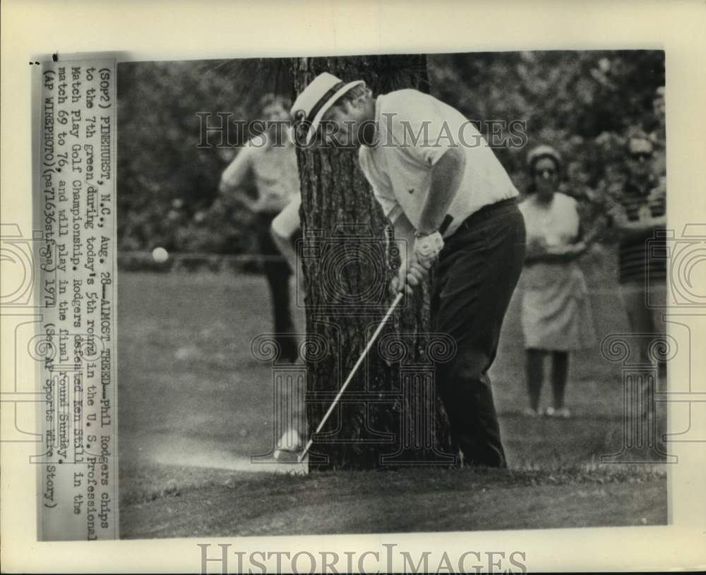 1971 Press Photo Pro golfer Phil Rodgers chips at base of tree at Pinehurst, NC.- Historic Images