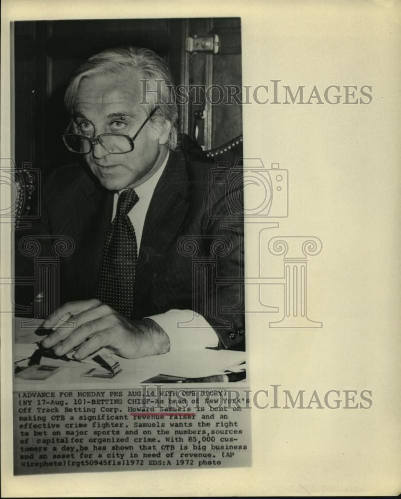 1972 Press Photo Head of New York Off Track Betting Corporation, Howard Samuels- Historic Images