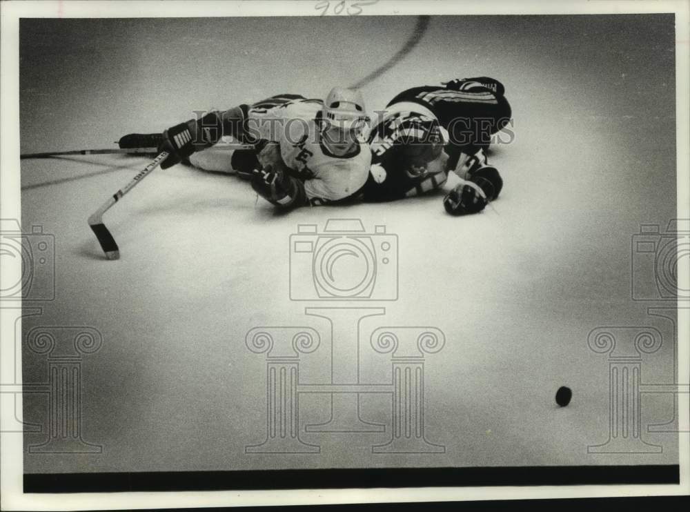 1976 Press Photo Falling to the ice is Rich Preston, Dan Bolduc, hockey game-TX- Historic Images