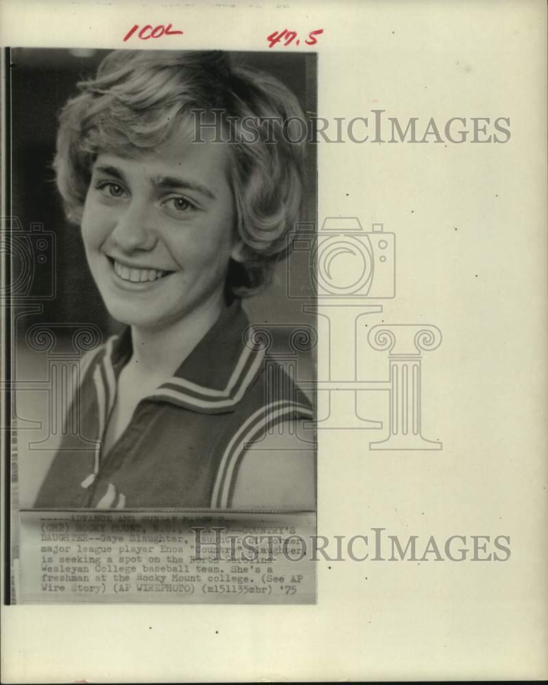 1975 Press Photo Gaye Slaughter seeks spot on NC-Wesleyan College baseball team.- Historic Images