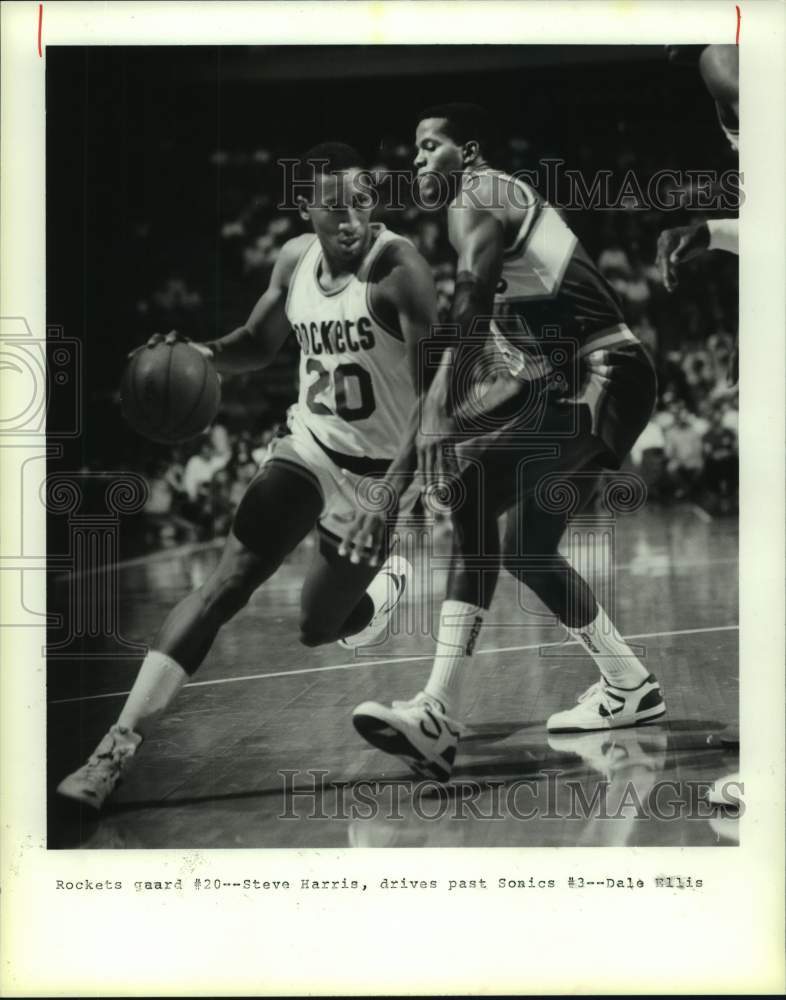 1987 Press Photo Rockets&#39; Steve Harris dribbles around Sonics&#39; Dale Ellis.- Historic Images