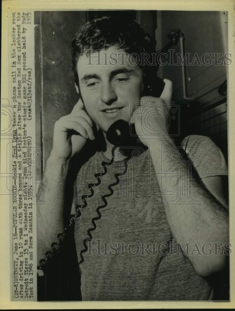 1975 Press Photo Boston Red Sox rookie baseball player Fred Lynn talks on phone- Historic Images