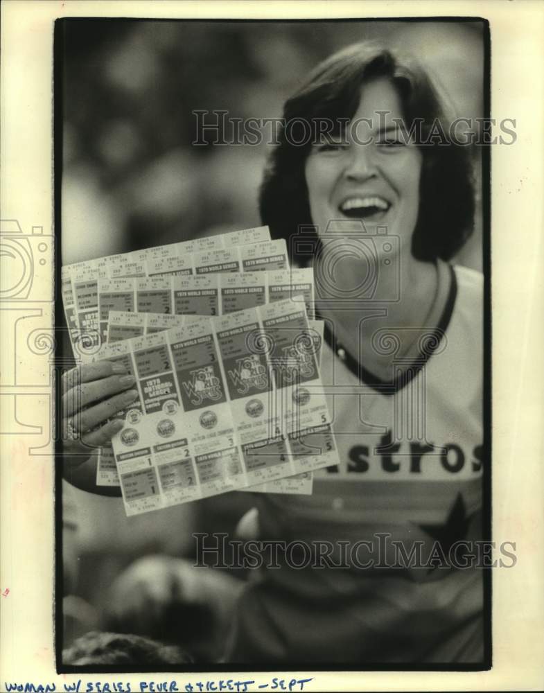 1979 Press Photo Astros&#39; fan has World Series fever and displays her tickets.- Historic Images