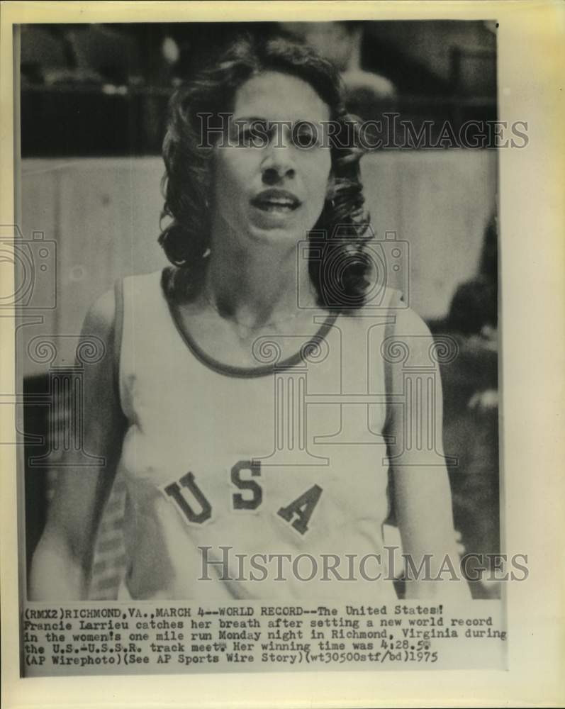 1975 Press Photo Runner Francie Larrieu catches her breath after Virginia race- Historic Images