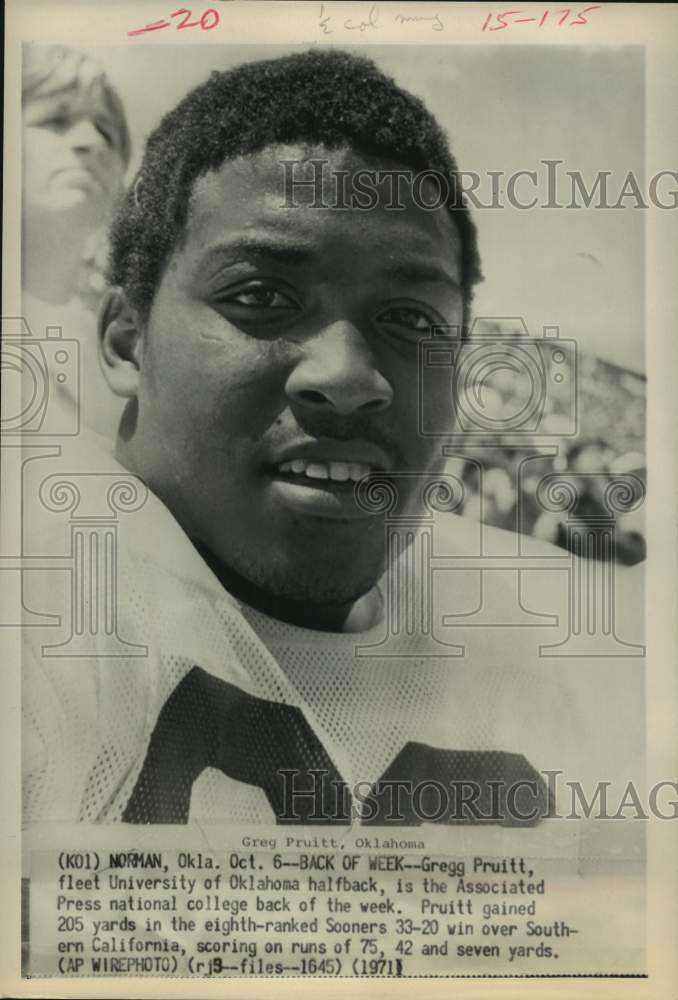 1971 Press Photo Close-up photo of Oklahoma football running back Greg Pruitt- Historic Images