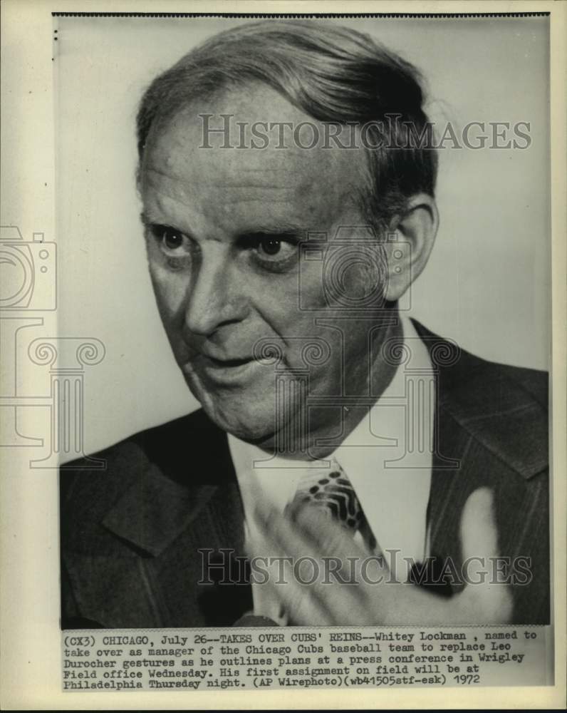 1972 Press Photo New Cubs manager Whitey Lockman at press conference in Chicago.- Historic Images