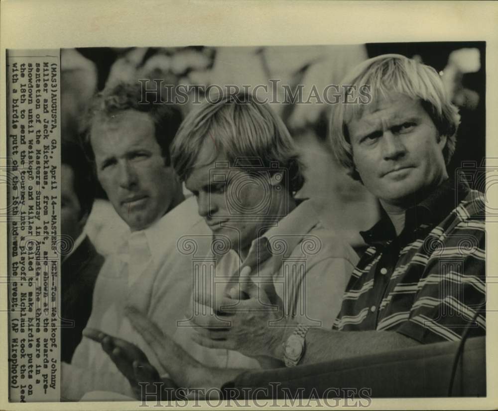 1975 Press Photo Golfers Weiskopf, Miller &amp; Nicklaus at Master&#39;s Awards Ceremony- Historic Images