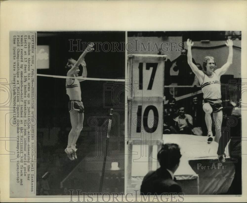 1972 Press Photo Kjell Isaksson celebrates setting new indoor pole vault record.- Historic Images