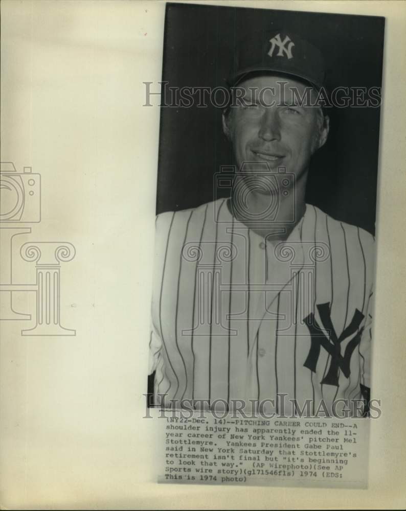 1974 Press Photo Shoulder injury career-ending for Yankees&#39; Mel Stottlemyre- Historic Images