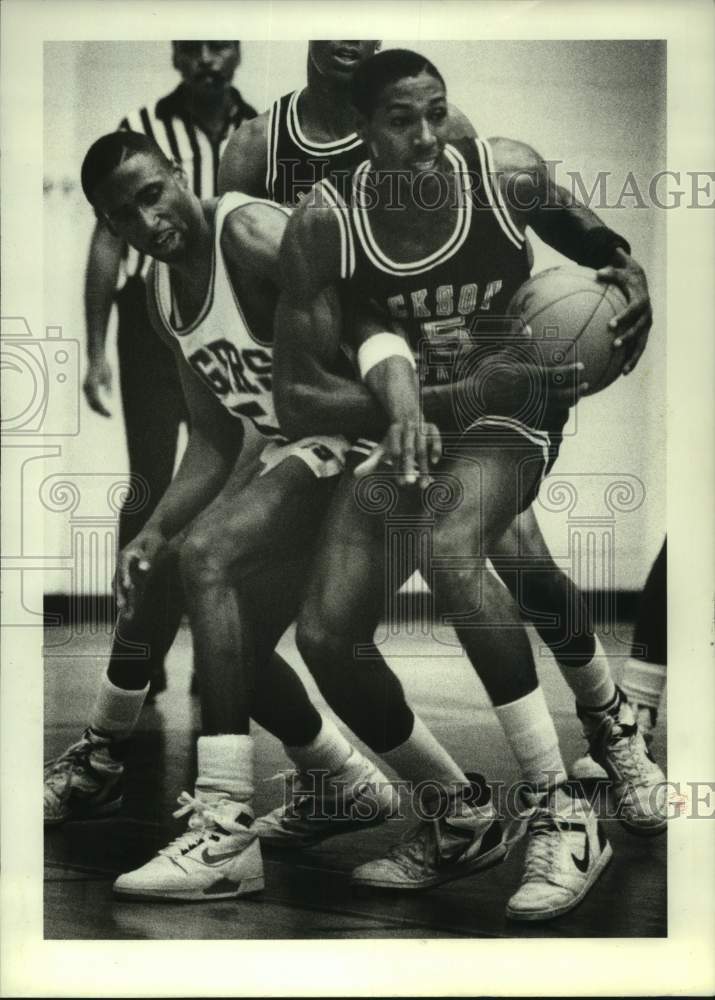 1988 Press Photo TSU&#39;s Angelo Garrett &amp; JSU&#39;s Demetrius Abrams tangle over ball- Historic Images