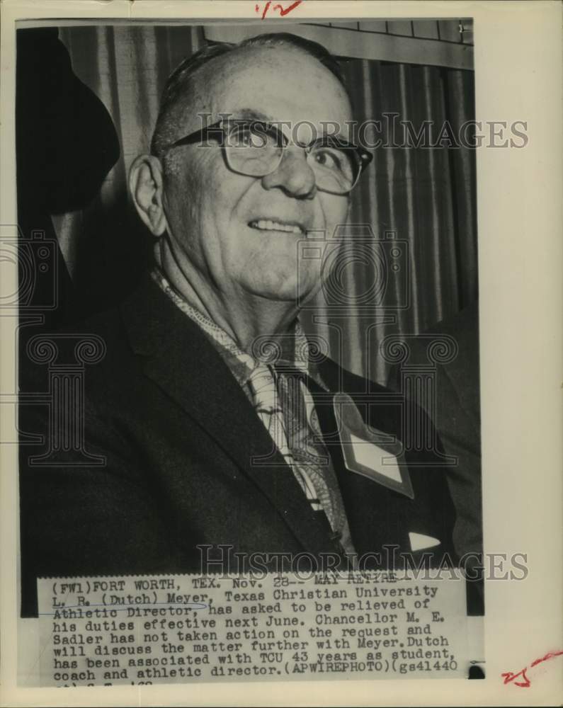 Press Photo Close-up of L. R. (Dutch) Meyer, Texas Christian U Athletic Director- Historic Images