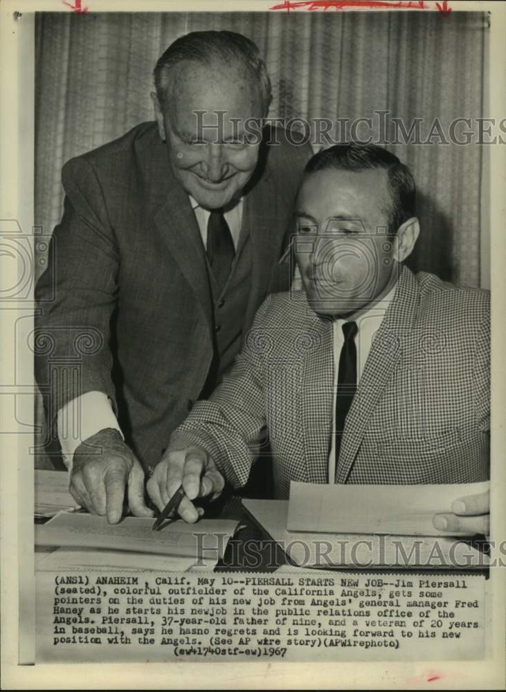 1967 Press Photo Angels' GM Fred Haney & Jim Piersall, now in team's PR office- Historic Images