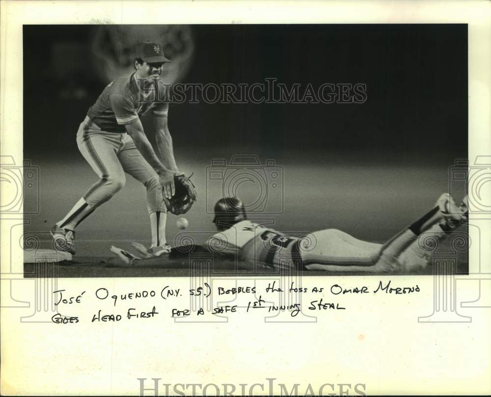 1983 Press Photo Met Jose Oquendo loses ball as Astro Omar Moreno safely slides- Historic Images