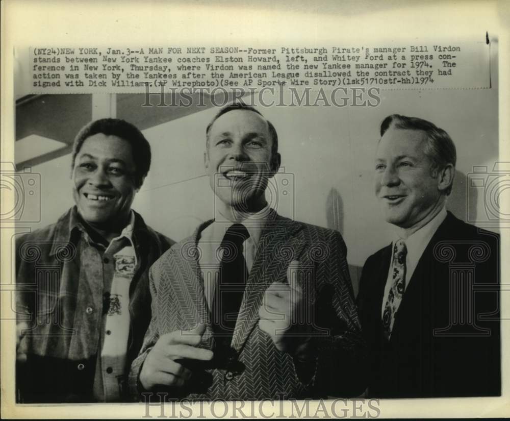 1974 Press Photo New York Yankees skipperBill Virdon, Elston Howard, Whitey Ford- Historic Images