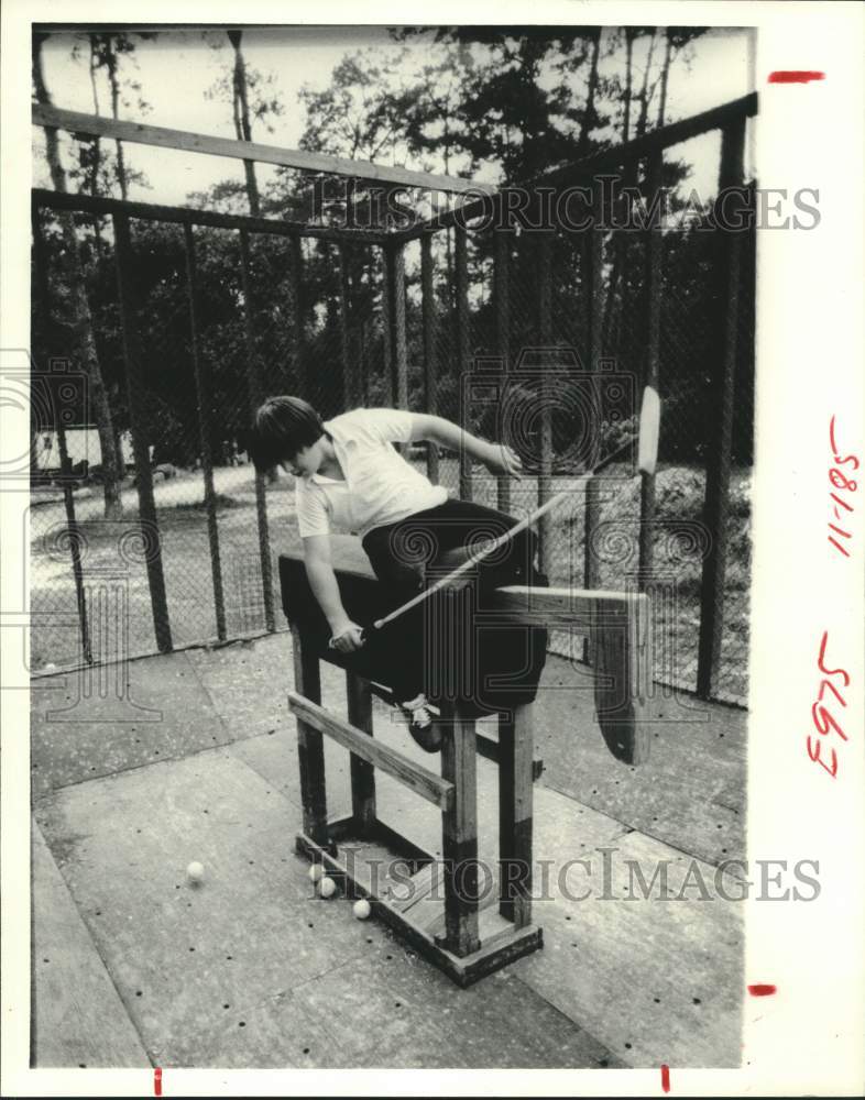 1980 Press Photo A young polo player astride a practice horse in a cage- Historic Images