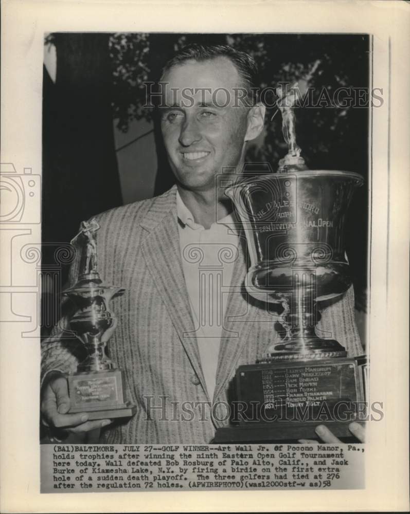 1958 Press Photo Golfer Art Wall, Jr holds two trophies in MD after victory- Historic Images