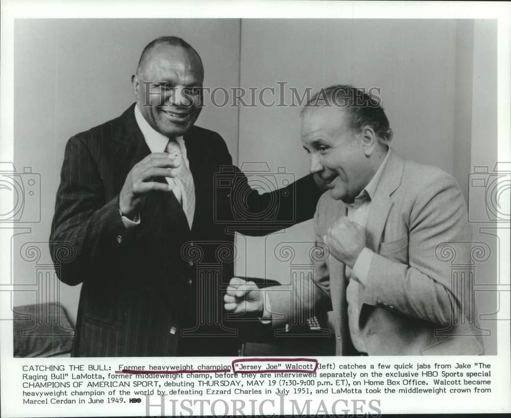 1983 Press Photo Former boxing champions Jersey Joe Walcott and Jake LaMotta- Historic Images