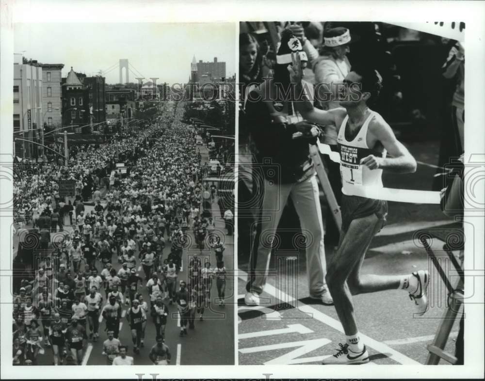 1983 Press Photo Marathon runner Alberto Salazar breaks tape at finish line- Historic Images