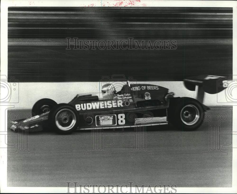 Press Photo Budweiser Lightning Race Car at Ontario Motor Speedway Track- Historic Images