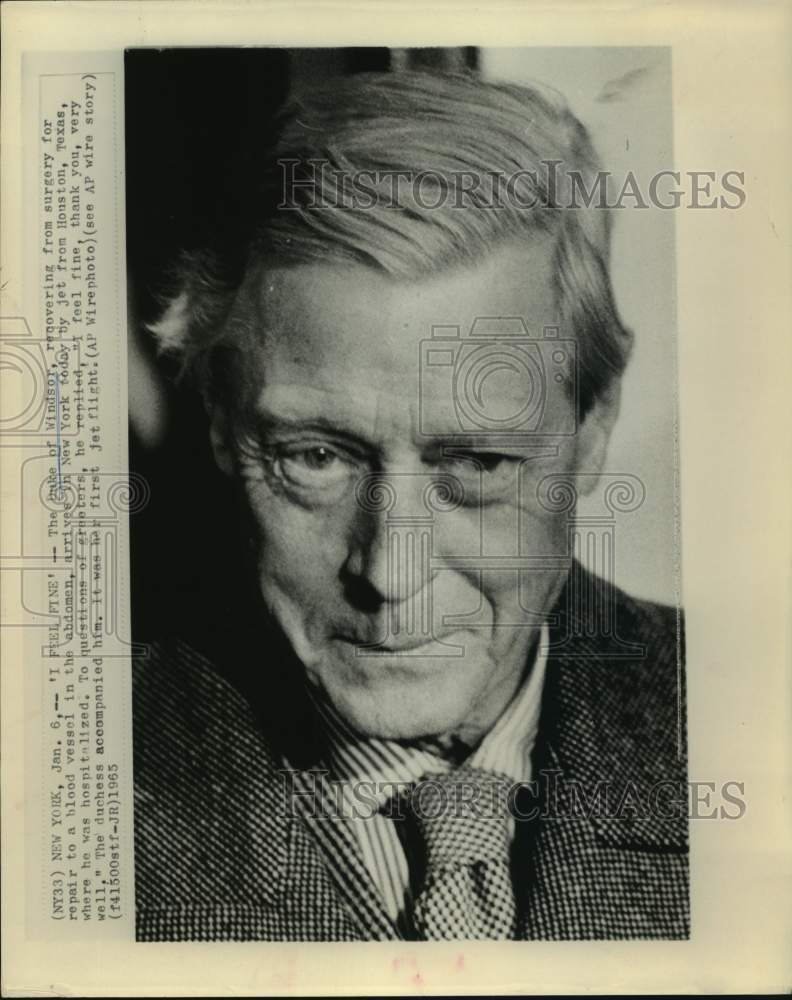 1965 Press Photo The Duke of Windsor, arrives in N.Y. from Houston after Surgery- Historic Images