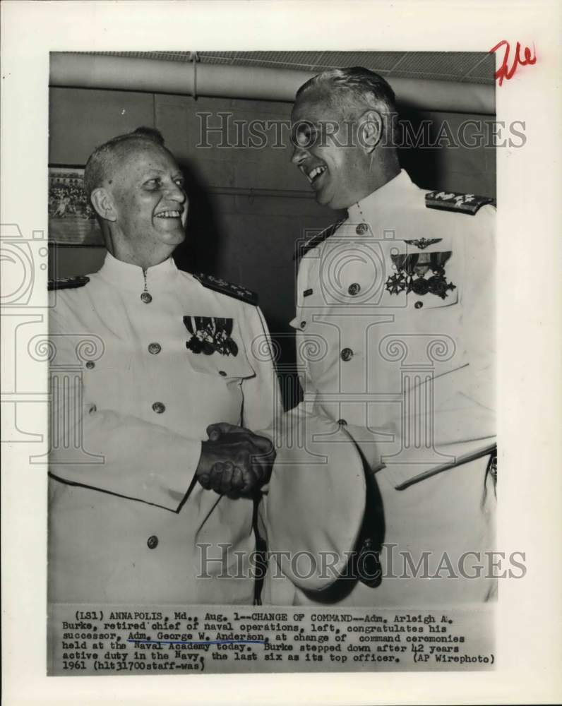 1961 Press Photo Annapolis, MD-Admirals Arleigh A. Burke and George W. Anderson