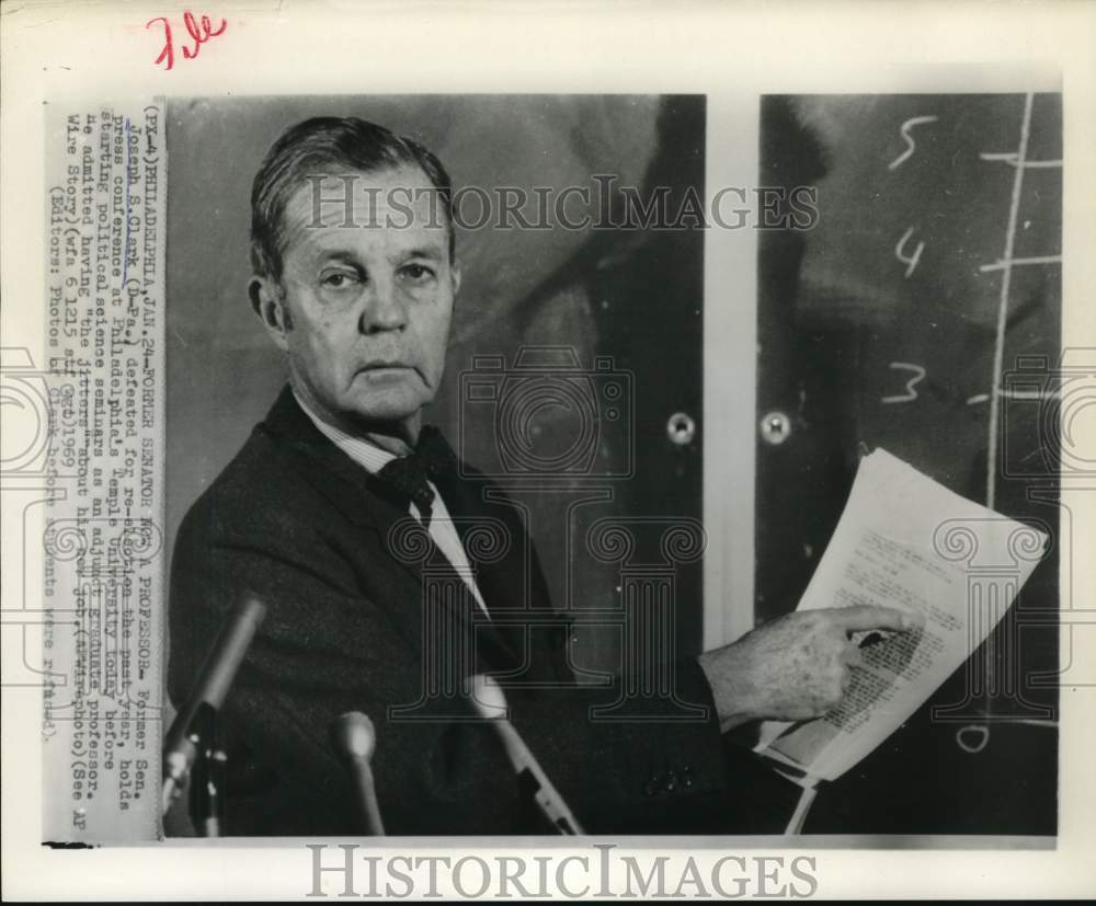 1969 Press Photo Former Senator Joseph Clark, now Temple University professor