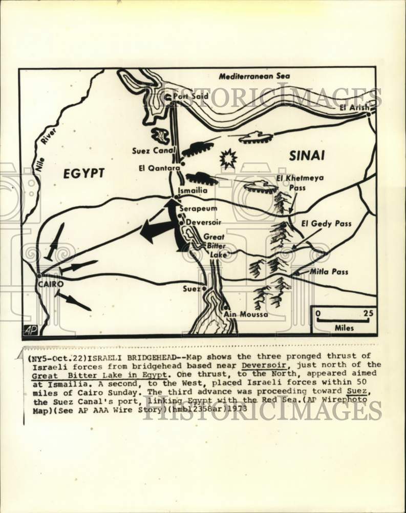 1973 Press Photo Map shows thrust of Israeli forces toward Cairo and Suez Canal