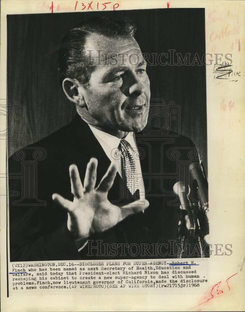 1968 Press Photo Robert Finch named as Health, Education and Welfare Secretary.