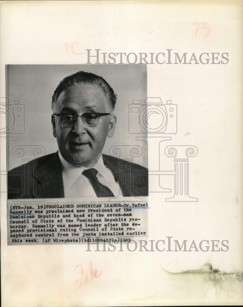 1962 Press Photo Dr. Rafael Bonnelly, New President of the Dominican Republic