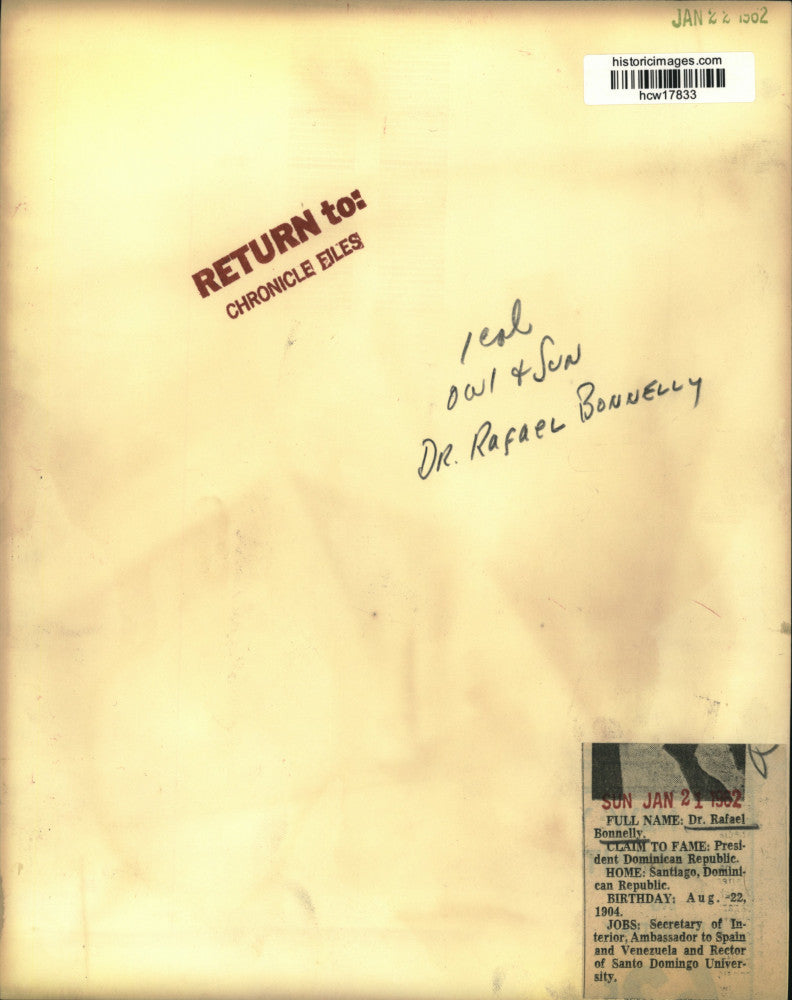 1962 Press Photo Dr. Rafael Bonnelly, New President of the Dominican Republic