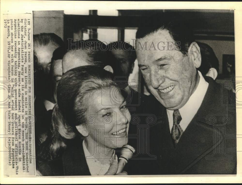 1972 Press Photo Ex-Argentine dictator Juan Peron with his wife Isabel in Spain