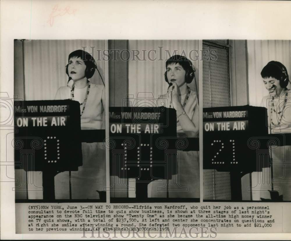 1958 Press Photo Elfrida von Nardroff appears on NBC game show from New York- Historic Images