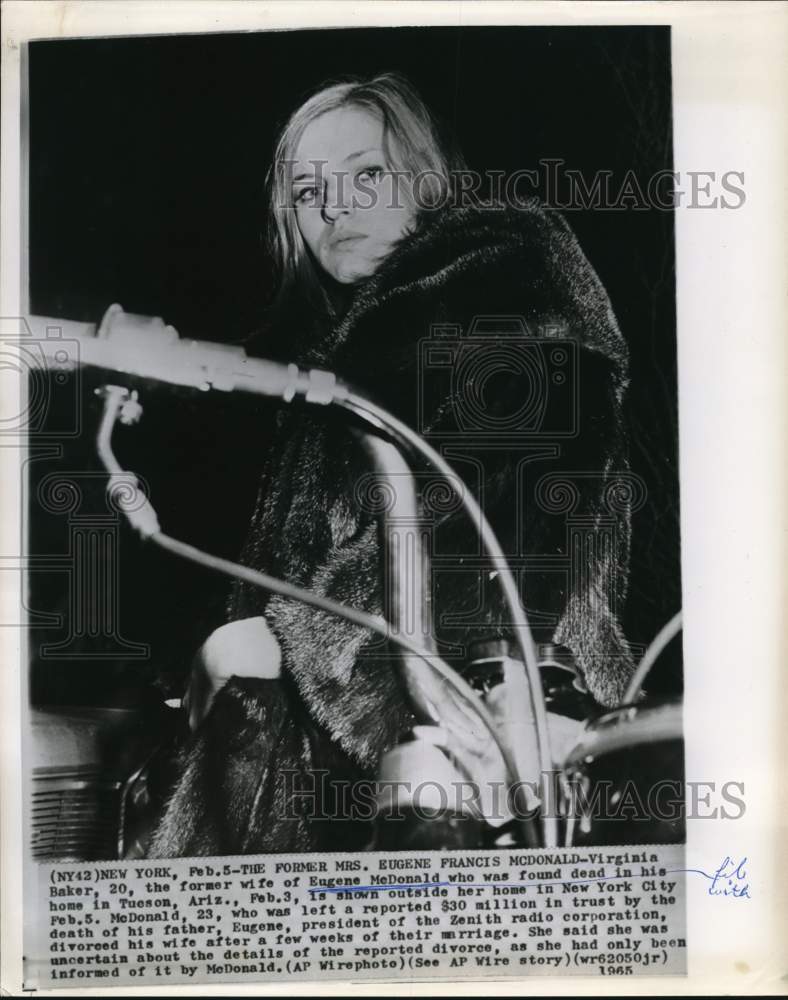 1965 Press Photo Virginia Baker, former wife of Eugene McDonald, at her NY home- Historic Images