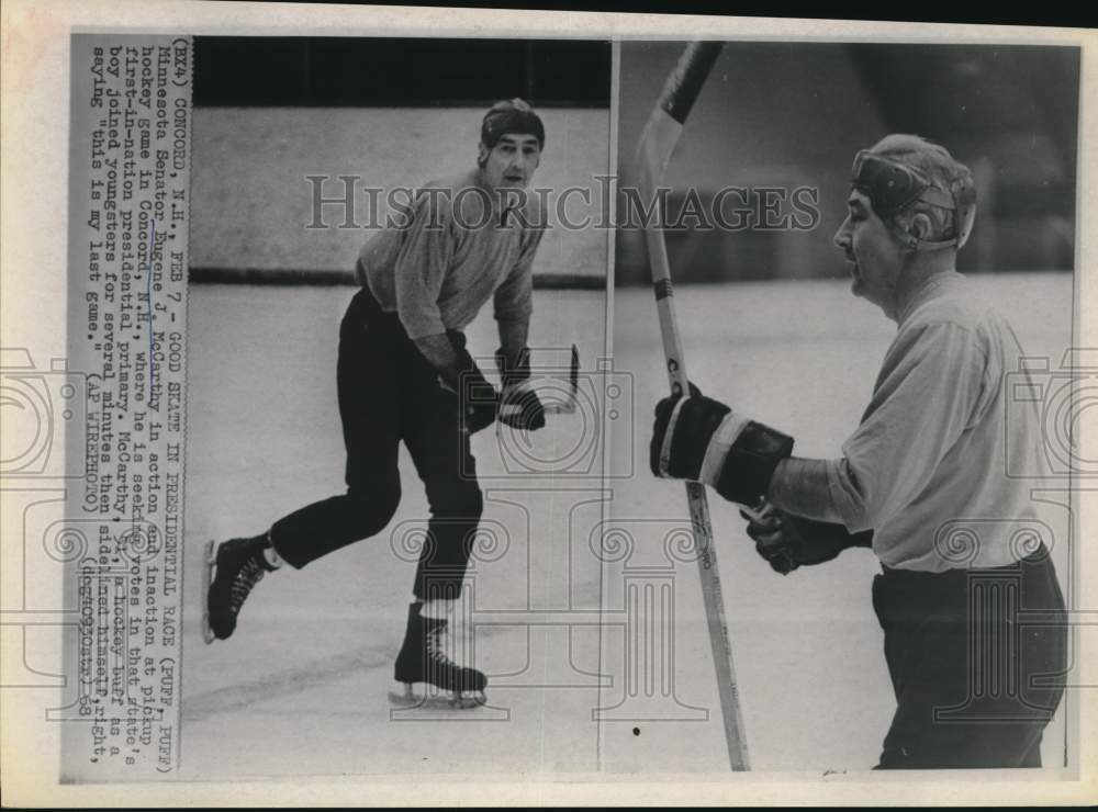 1968 Press Photo Senator Eugene McCarthy plays hockey in Concord, New Hampshire- Historic Images