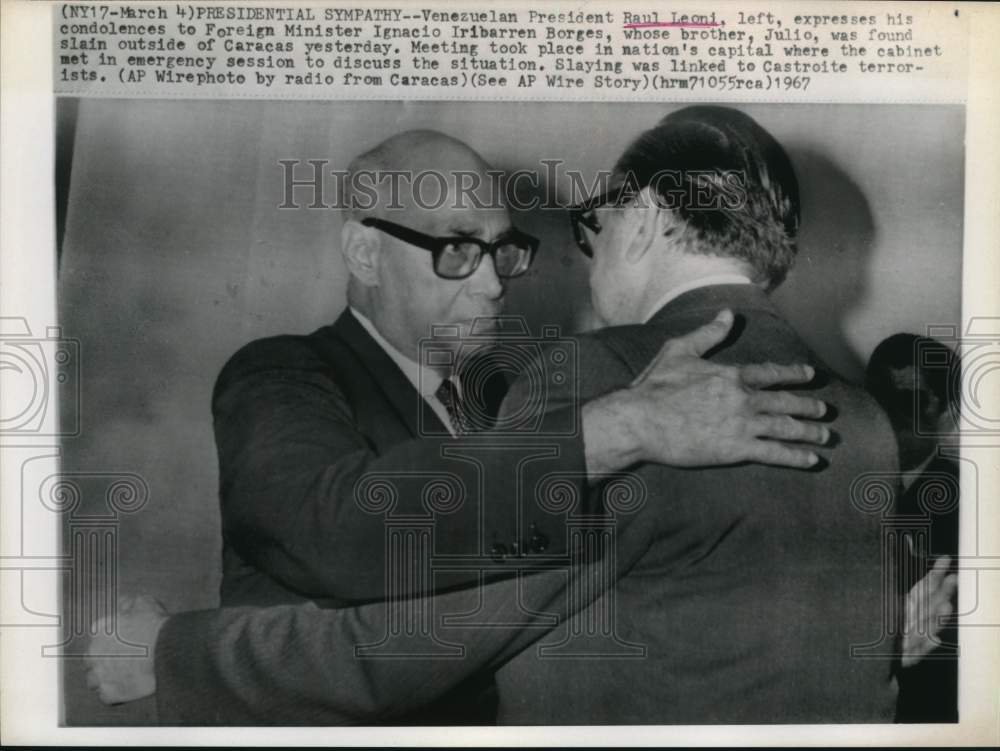 1967 Press Photo President Raul Leoni embraces Ignacio Borges in Caracas- Historic Images