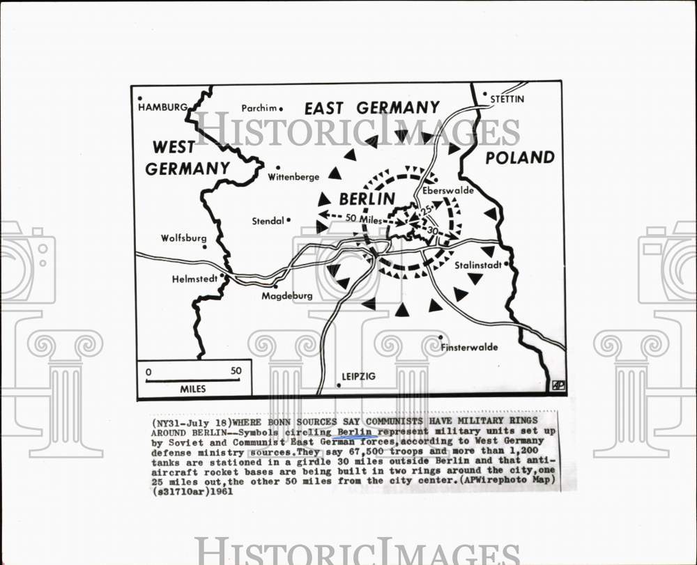 1961 Press Photo Map showing Soviet and German military posts circling Berlin