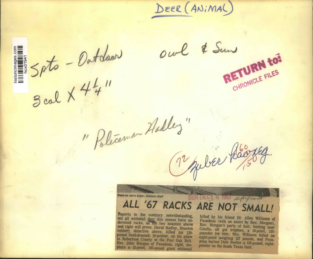 1967 Press Photo David Hadley with 10-point deer killed in Robertson County, TX