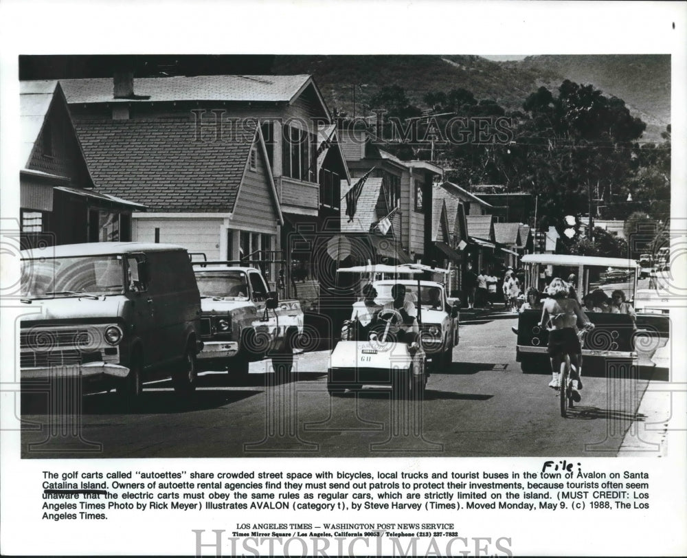 1988 Press Photo Golf Carts & Bicycles Share Street on Catalina Island.