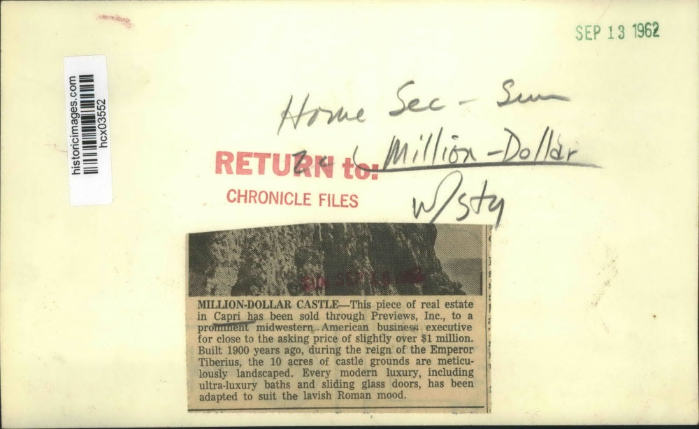 1962 Press Photo Million-Dollar Castle Atop Mountain in Capri - hcx03552