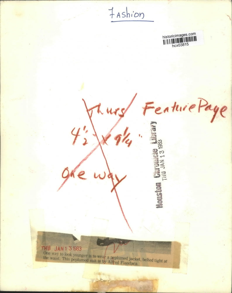 1983 Press Photo Model shows a peplumed jacket, Fashion - hcx03815