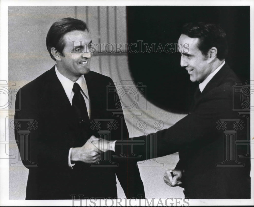 1976 Press Photo Bob Dole &amp; Walter Mondale Shake Hands at Debate. - hcx04879- Historic Images