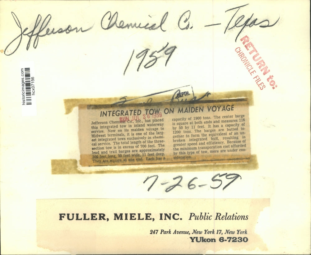 1959 Press Photo Jefferson Chemical Co. Inc., Texas Maiden Voyage - hcx07156
