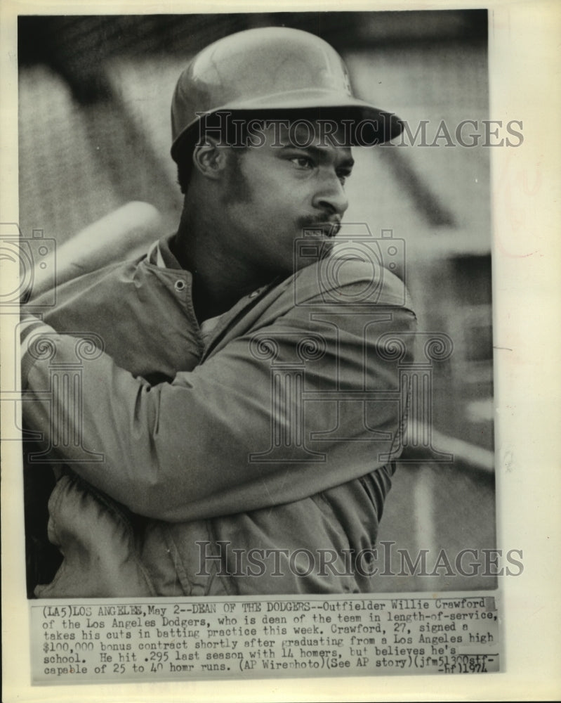 1974 Press Photo Los Angeles Dodgers Outfielder Willie Crawford Batting Practice- Historic Images