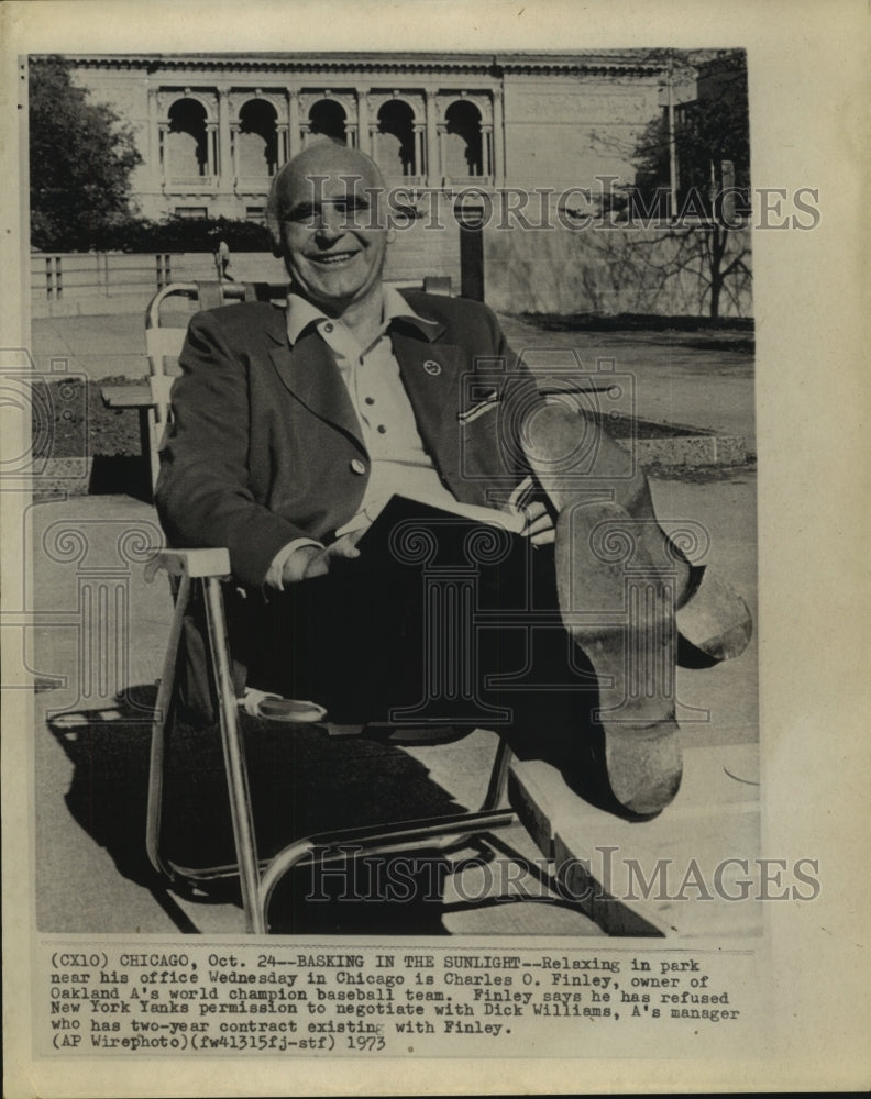 1973 Press Photo Charles O. Finley, owner of Oakland A's Champion baseball team- Historic Images